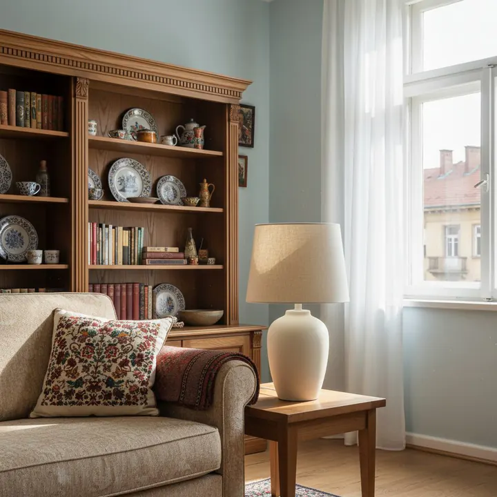 Generated photo of the same lamp on a side table in a living room with a bookshelf and a sofa
