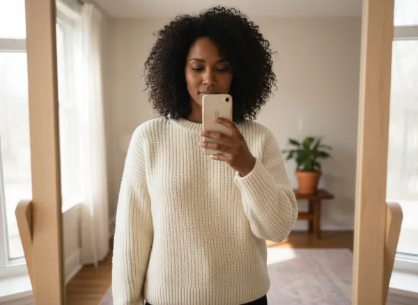 Maya taking a mirror photo at home in the same sweater, generated by sameface