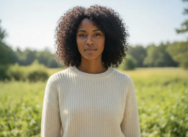Maya in the same sweater in a sunny green field, generated by sameface