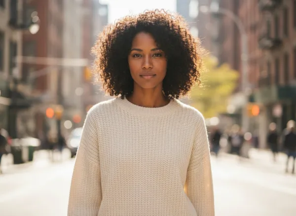 Maya wearing the same sweater on a sunny city street, generated by sameface