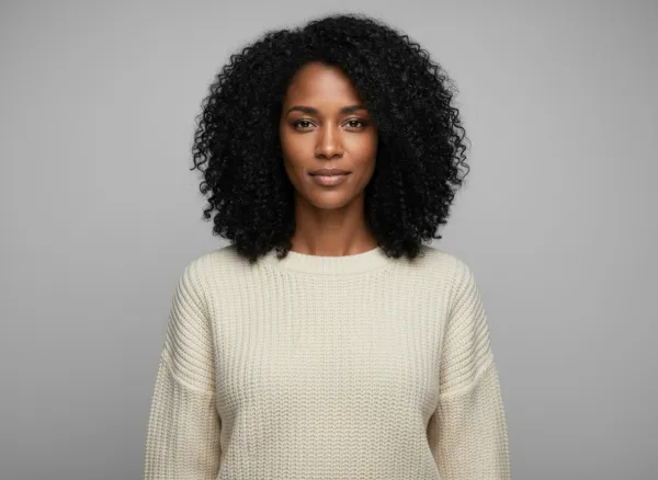 Maya wearing the ivory sweater against a plain grey studio background, generated by sameface
