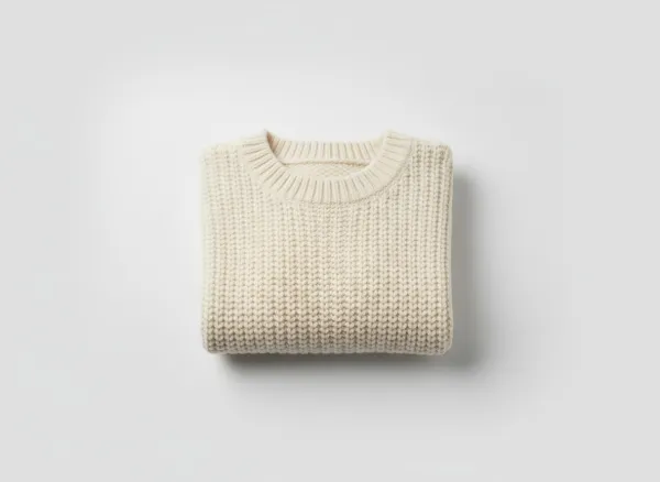 A folded ivory knitted sweater on a plain light background, a synthetic sample product photo