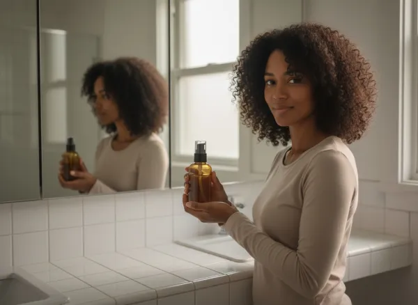 AI-generated beauty example with Maya and an amber skincare bottle