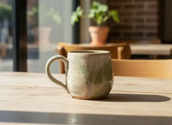 AI-generated product-only photo of a speckled ceramic mug on a sunlit café table